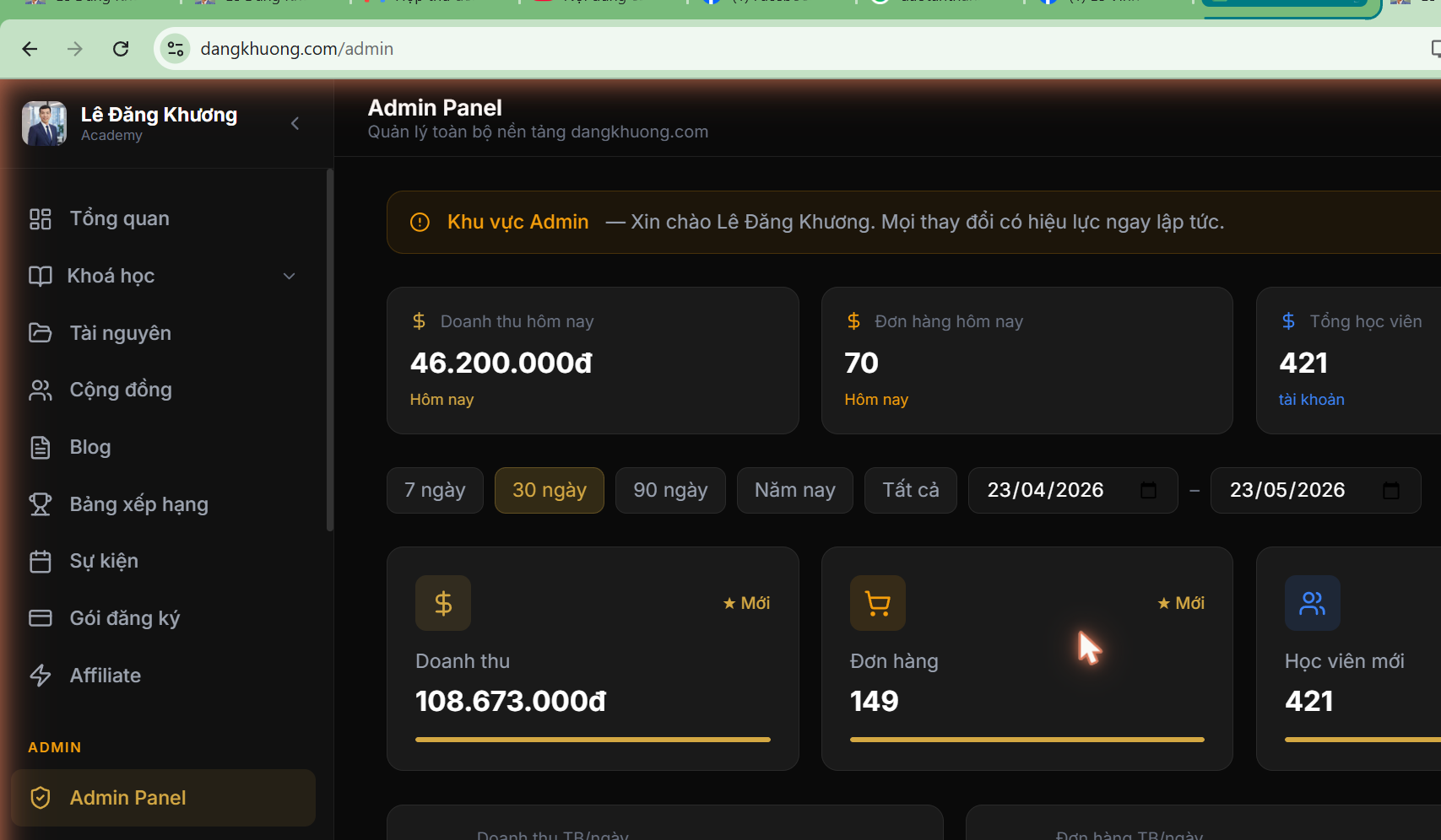 Dashboard quản trị hoc.theanhonline.com/admin — Doanh thu thật 108.673.000đ, 421 học viên, 149 đơn hàng